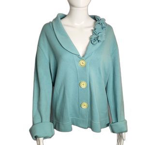 Geography Women's 3 Button Cardigan with Flower Collar, Robins Egg Blue, Large
